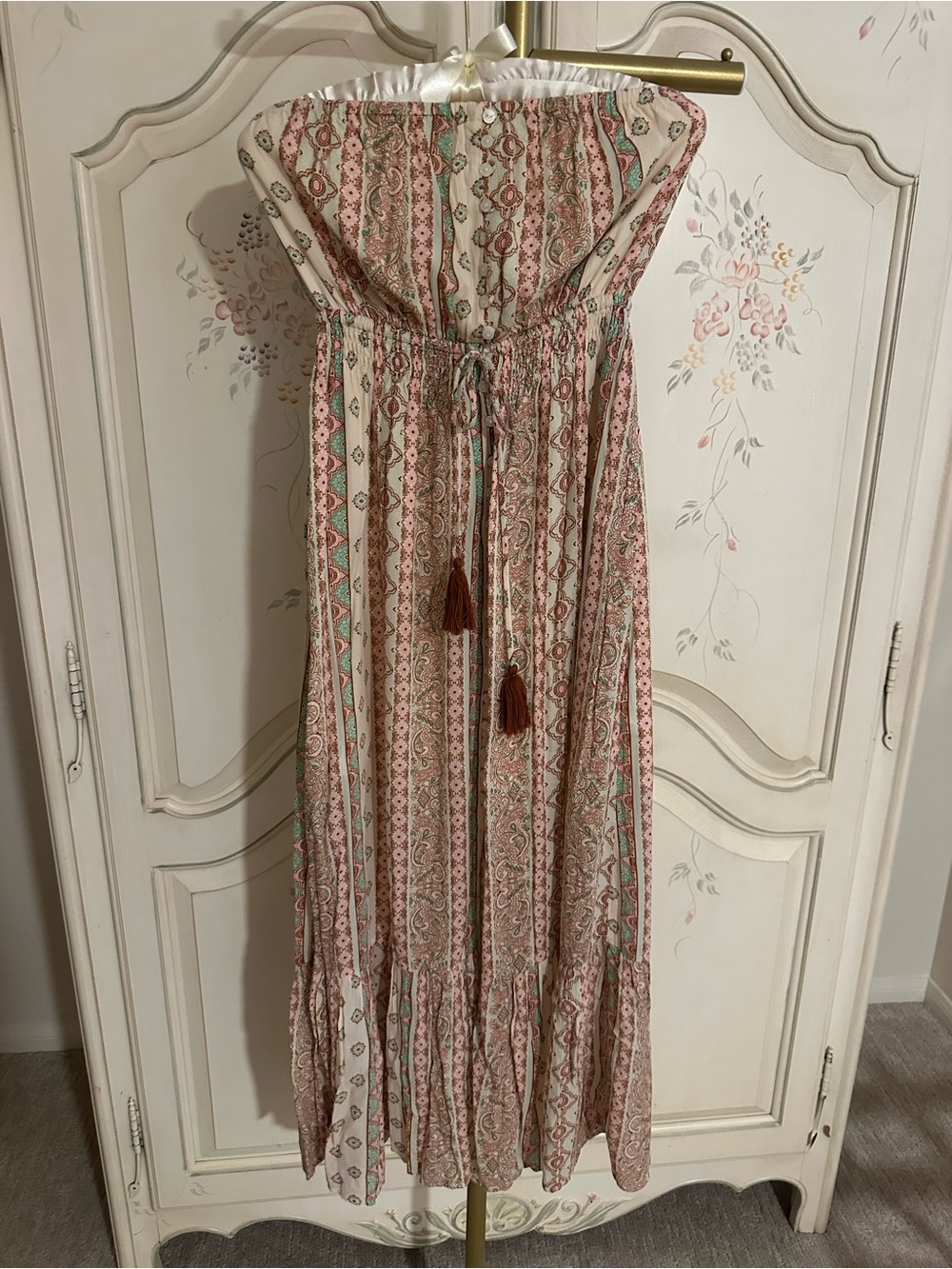 Bohemian Strapless Maxi Dress in Rust, Green and Cream